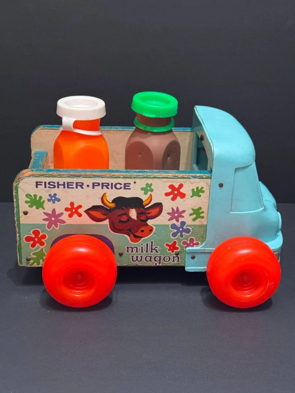 Fisher Price Pull Toy Milk Wagon 131 with Two Bottles, Vintage Circa 1965-1972